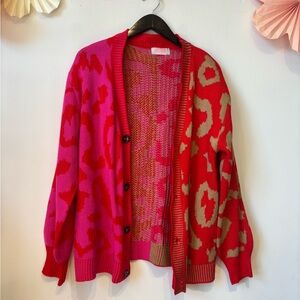 Bright Pink & Red Patterned Women's Cardigan Sweater medium